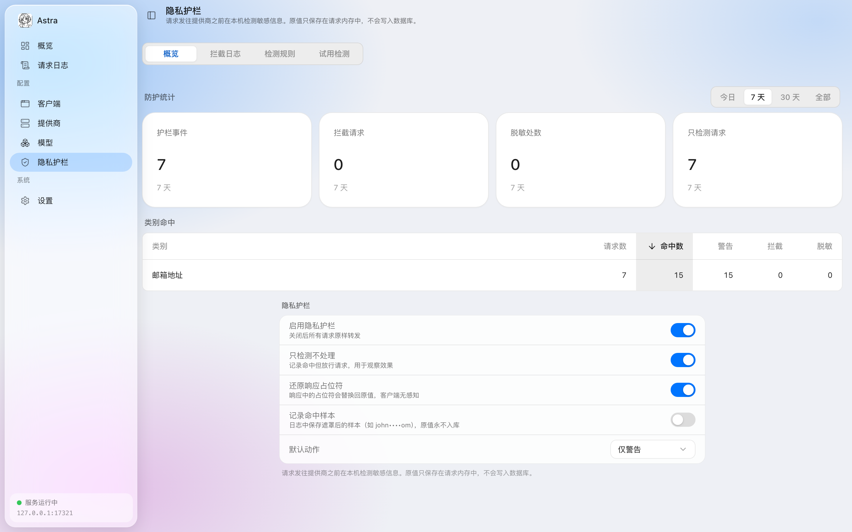 隐私护栏概览:防护统计、类别命中与全局开关